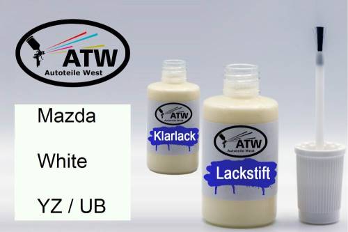 Mazda, White, YZ / UB: 20ml Lackstift + 20ml Klarlack - Set, von ATW Autoteile West.